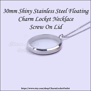 30mm Stainless Steel Locket Necklace, Glass Living Memory Pendant Keepsake Locket, Floating Charm Locket Necklace Screw on Lid Closure, S01