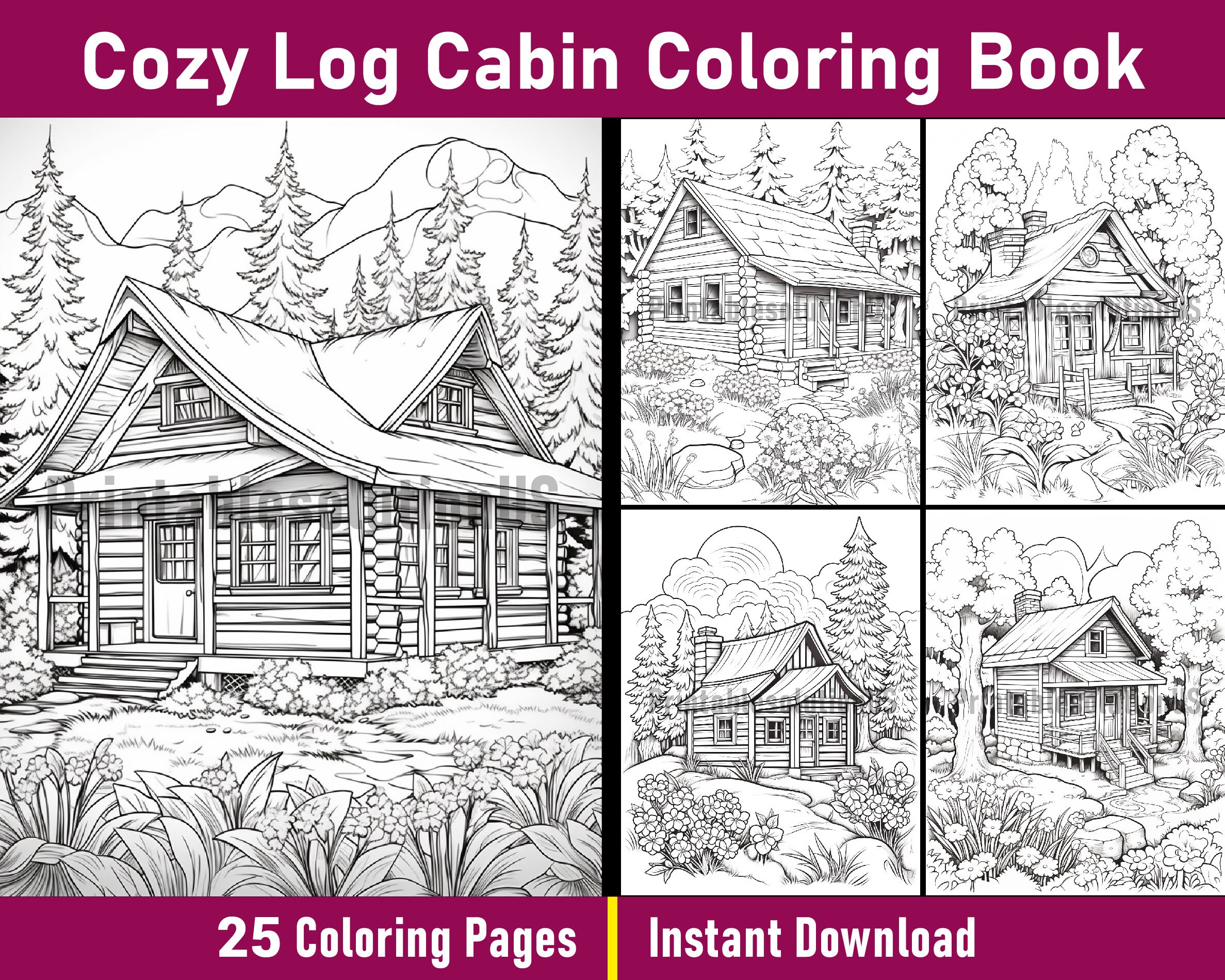 Cozy Log Cabin Coloring Book | 25 Printable Grayscale Pages (PDF) - Etsy