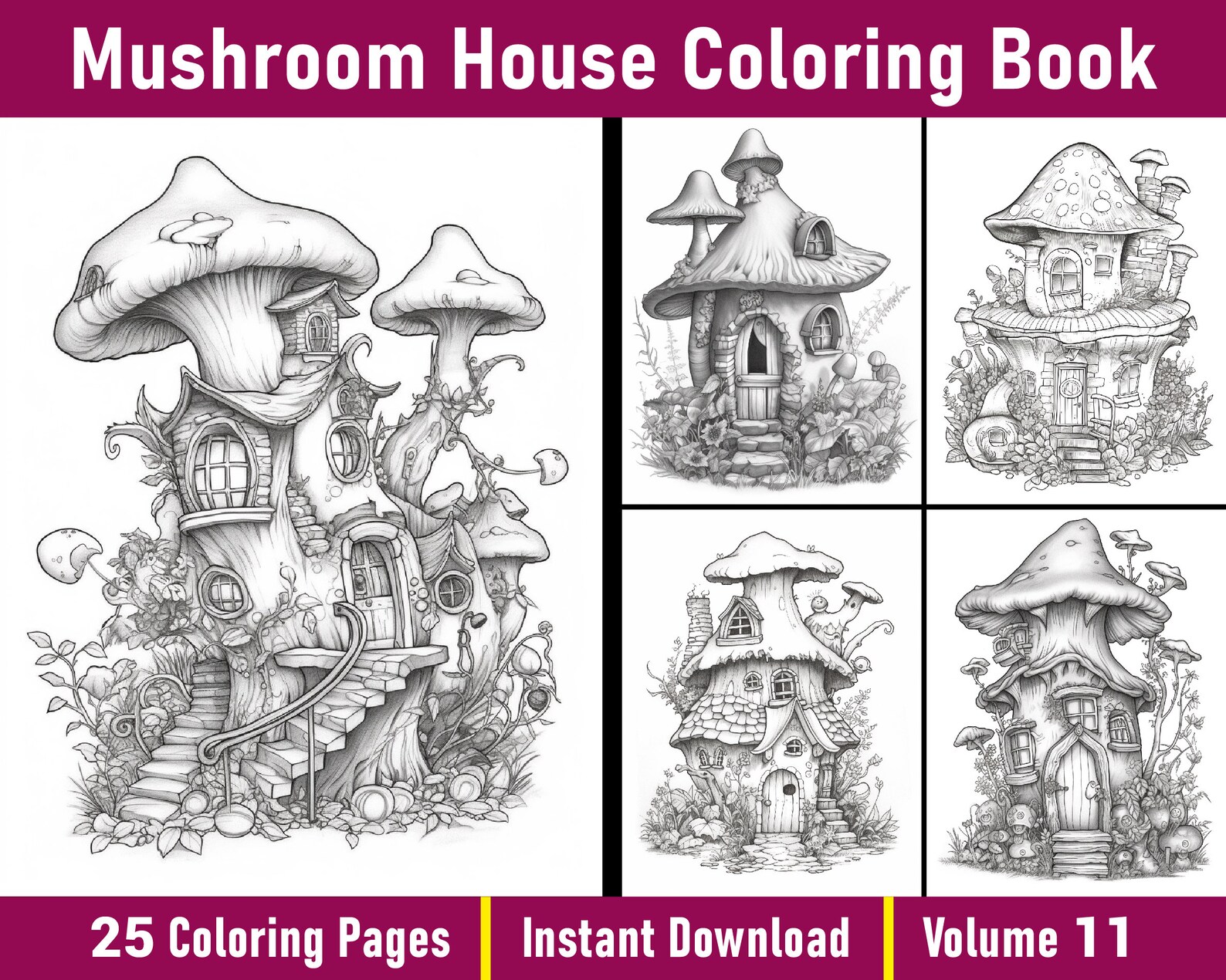 Mushroom House Coloring Book | Grayscale Fairy Homes (printable PDF) - Etsy