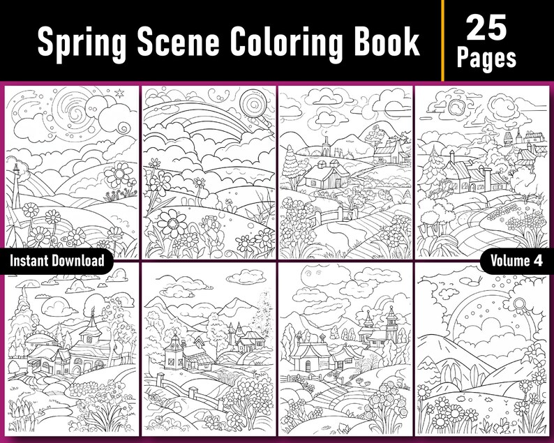Spring Scenes To Color Spring Scenes Coloring Book | 25 Printable Pages (PDF Download) - Etsy