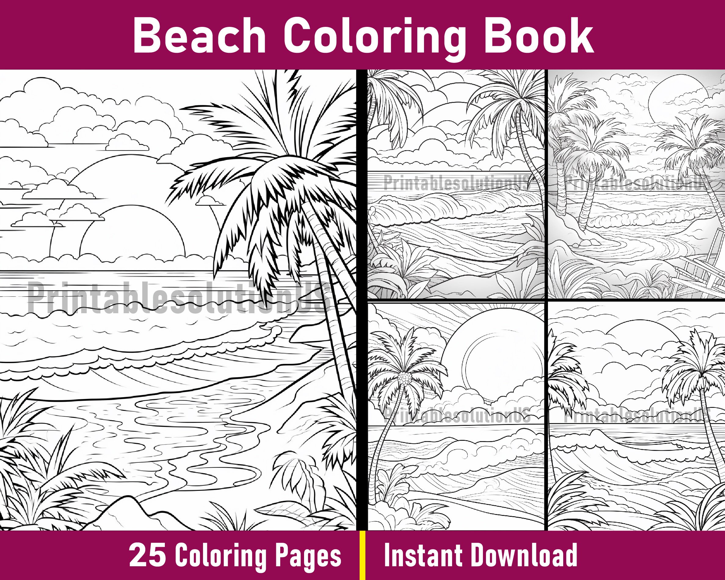 Beach Coloring Book | Printable Summer Coloring Pages | Black and White ...