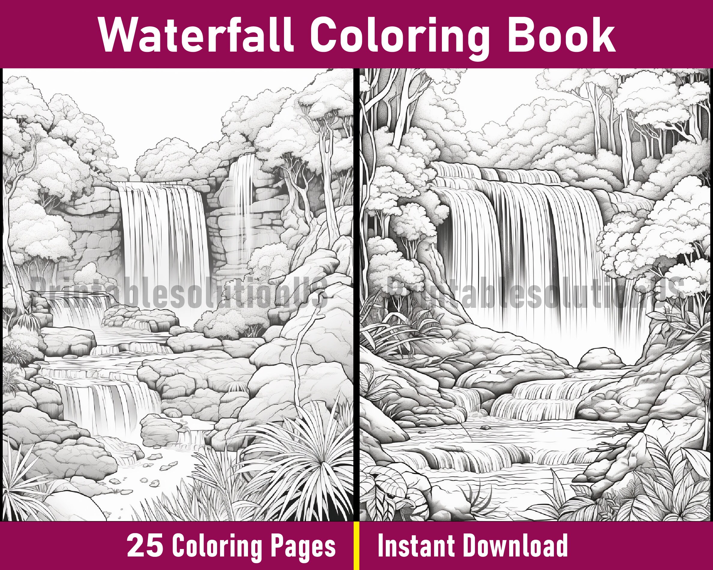 Waterfall Coloring Book V-4 Printable Nature Coloring Pages Black and ...