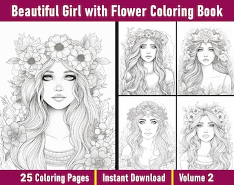 Beautiful Girl with Flower Coloring Book V-2 | Cute Girl Coloring Pages | Grayscale Women Colouring Book | Printable PDF | Instant Download