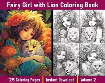 Fairy Girl and Lion Coloring Book | 25 Printable Pages (PDF)