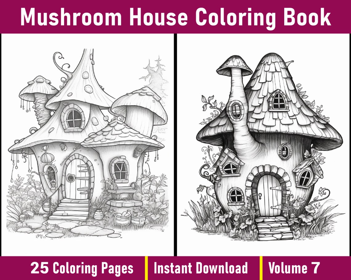 Mushroom House Coloring Book | Grayscale Fairy Cottage (printable PDF ...