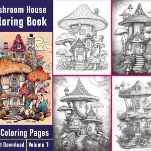 Mushroom House Coloring Pages Vol-1 | Fairy House Mushroom Coloring Book | Grayscale Coloring Book | Printable PDF File | Instant Download