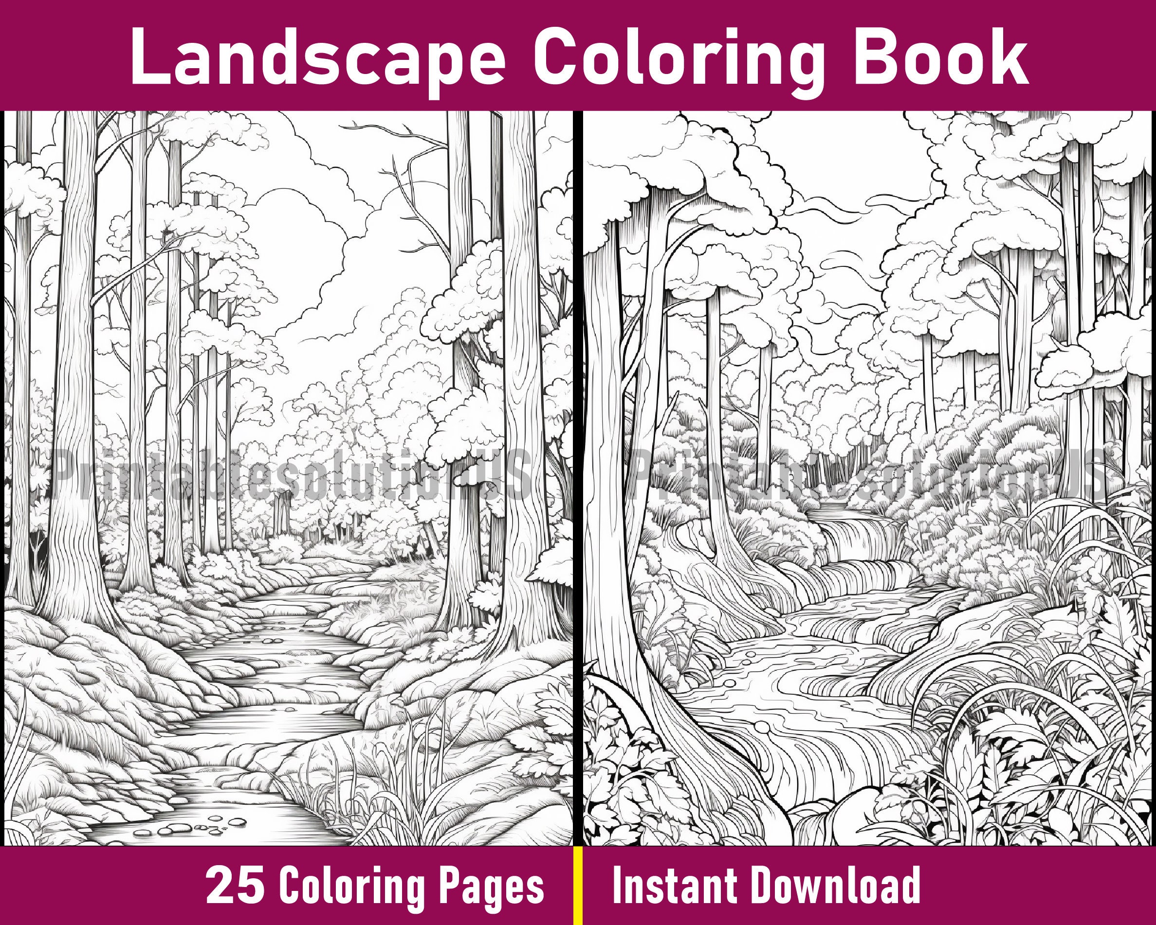 Landscape Coloring Book | Printable Landscape Coloring Pages | Black