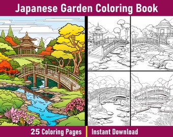 Japanese Garden Coloring Book Pages | Printable Bridge Coloring Pages | Black and White Colouring Book | Printable PDF | Instant Download