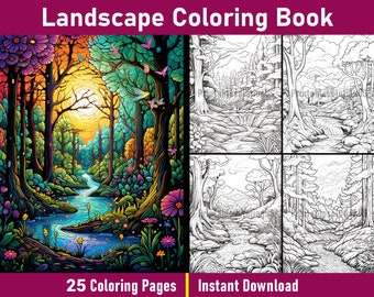 Landscape Coloring Book | Printable Landscape Coloring Pages | Black and White Forest  Colouring Book | Printable PDF | Instant Download