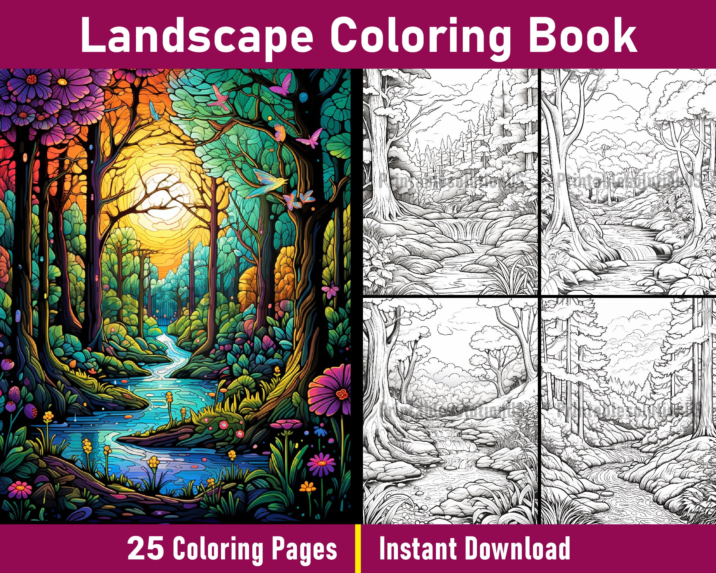 Landscape Coloring Book | Printable Landscape Coloring Pages | Black