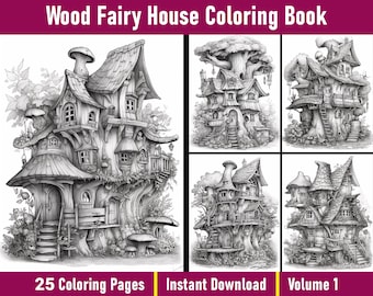 Wood Fairy House Coloring Book | Grayscale Printable Pages (Instant Download)