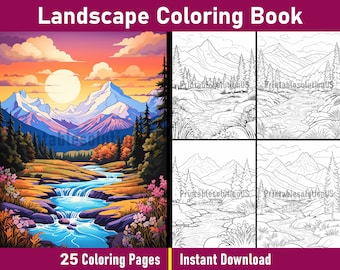 Landscape Coloring Book | 25 Black and White Forest Designs (Printable PDF)