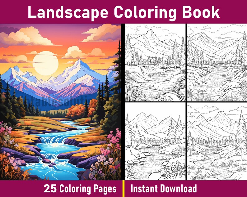 Landscape Coloring Book | Printable Landscape Coloring Pages | Black