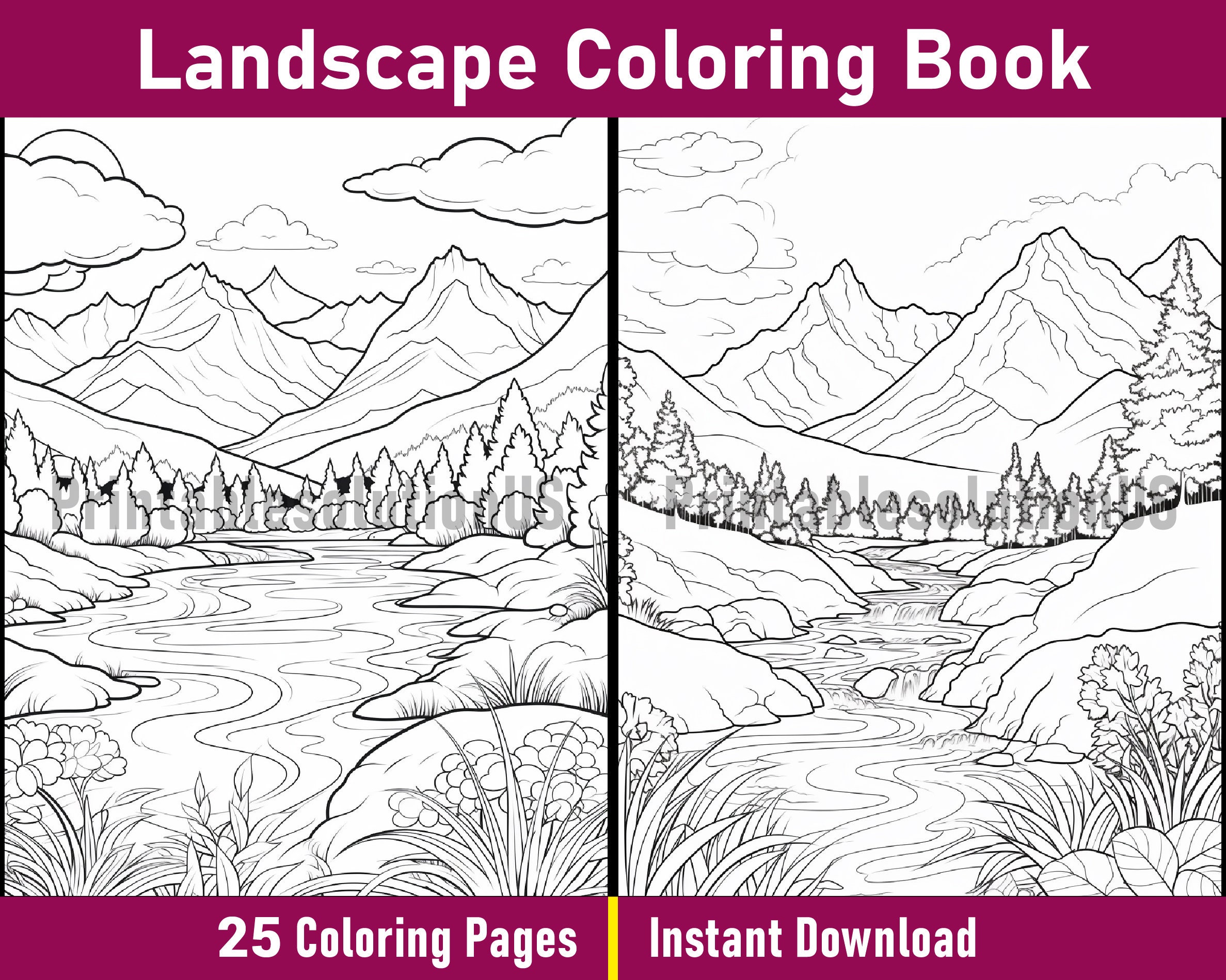 Landscape Coloring Book | Printable Landscape Coloring Pages | Black
