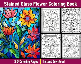 Stained Glass Rose Coloring Book Vol-2 | Rose Flower Coloring Pages | Black and White Colouring Book | Printable PDF | Instant Download