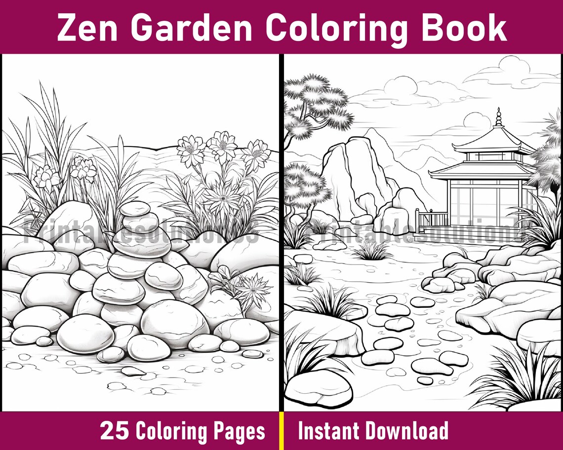 Zen Garden Coloring Book Printable Flower Garden Coloring Pages Black and White Stone Colouring ...