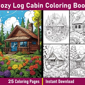 Cozy Log Cabin Coloring Book Pages | Printable Garden House Coloring Pages | Grayscale Colouring Book | Printable PDF | Instant Download
