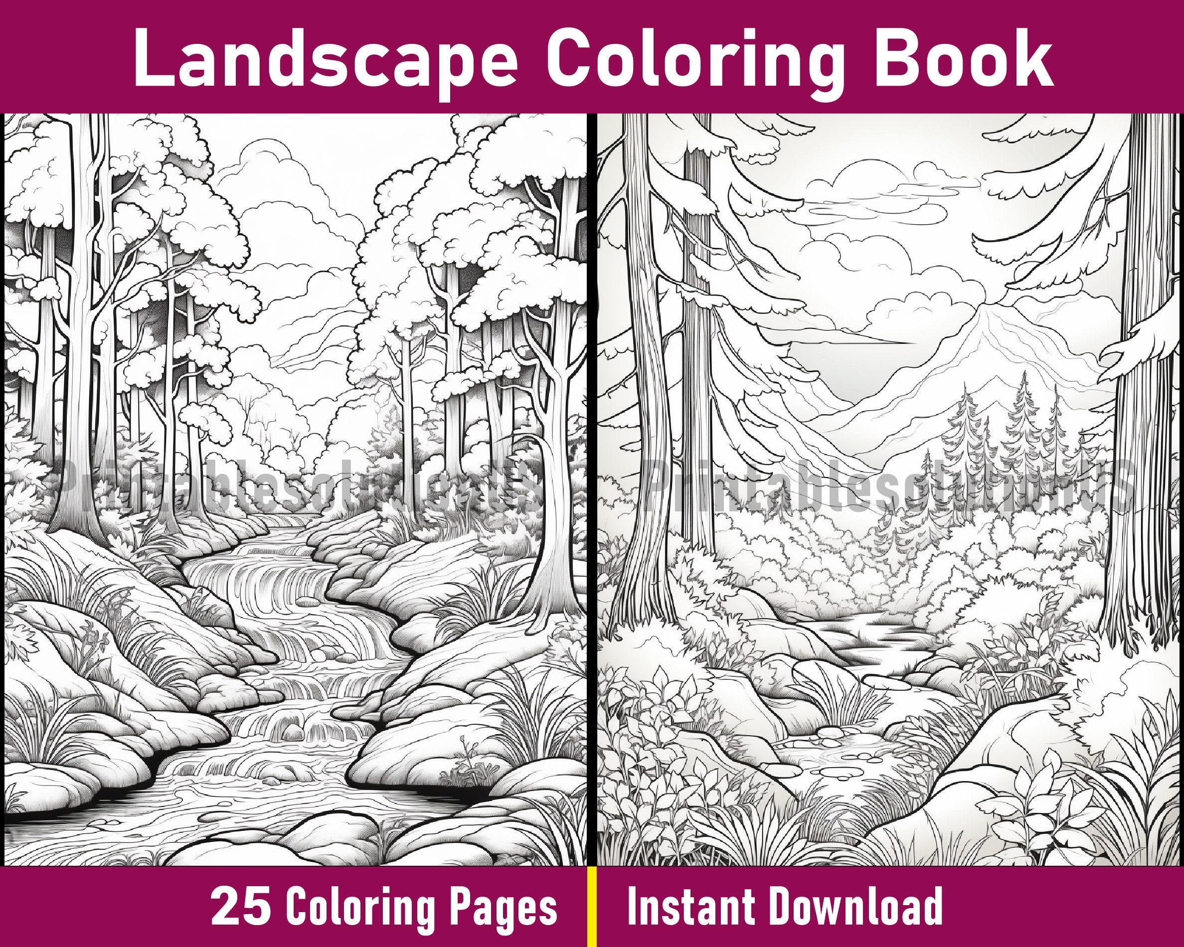 Landscape Coloring Book | Printable Landscape Coloring Pages | Black
