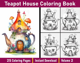 Teapot House Coloring Book | Whimsical Fairy Tale Designs (Printable PDF)