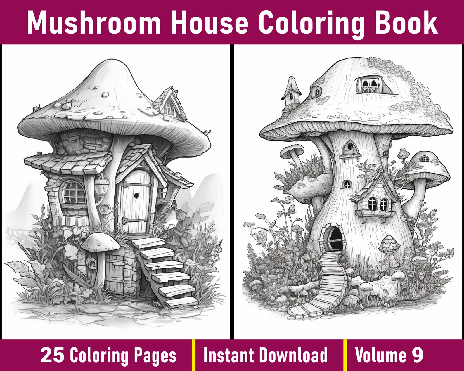 Mushroom House Coloring Book | Grayscale Fairy Houses (printable PDF ...