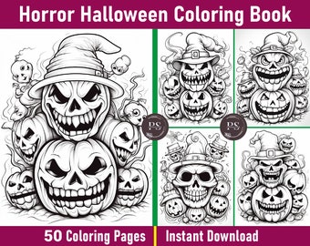 Horror Halloween Coloring Book | 50 Printable Pages (PDF Pattern)