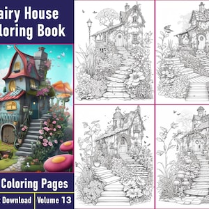 Fairy House Coloring Book Volume 13 | Printable Adult Coloring Pages | Grayscale Coloring Book | Printable PDF File | Instant Download