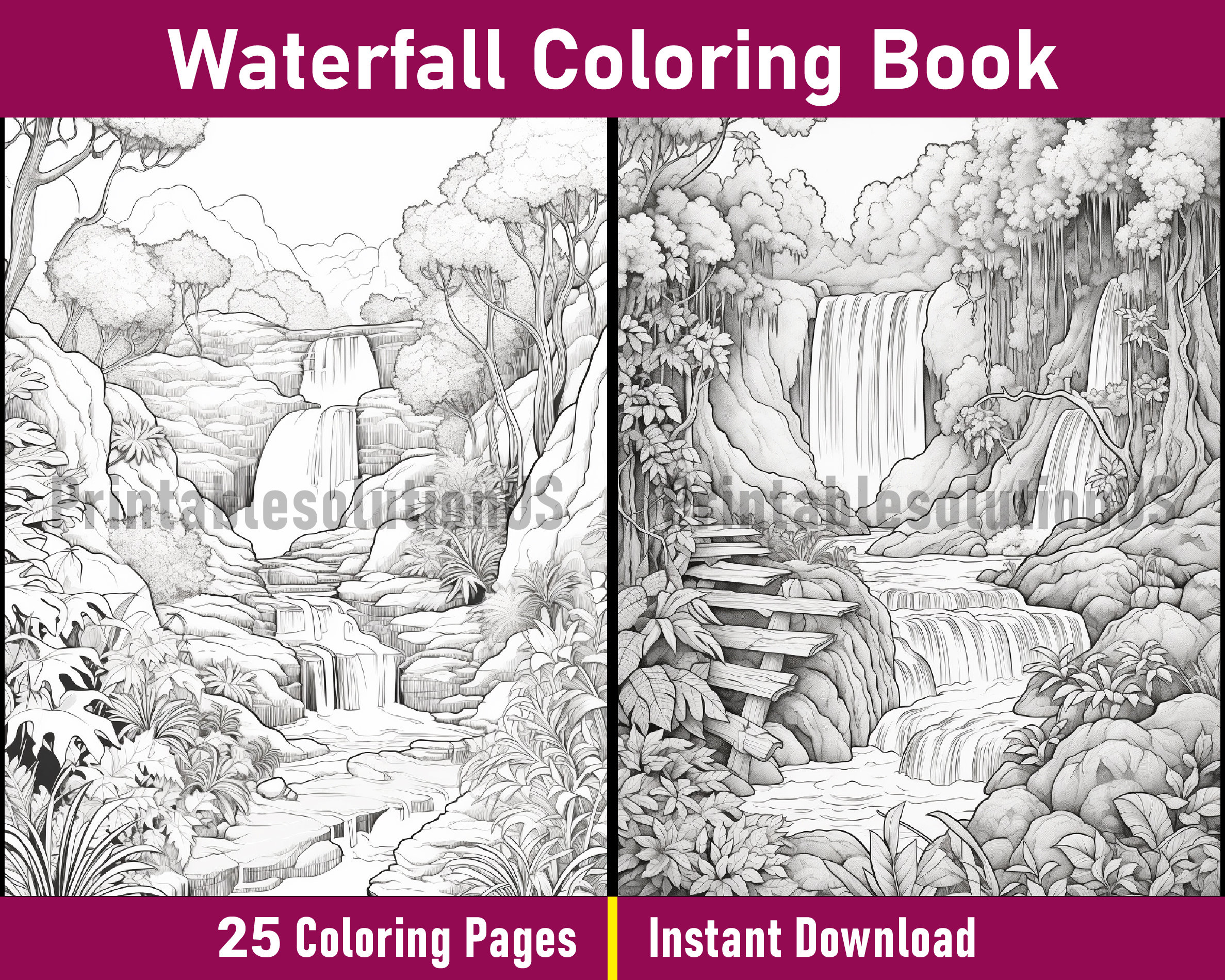 Waterfall Coloring Book V-4 Printable Nature Coloring Pages Black and ...