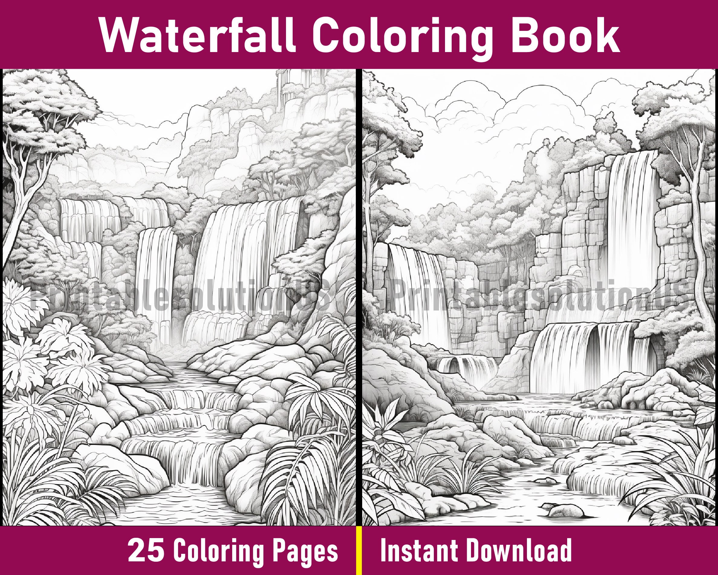 Waterfall Coloring Book V-4 Printable Nature Coloring Pages Black and ...