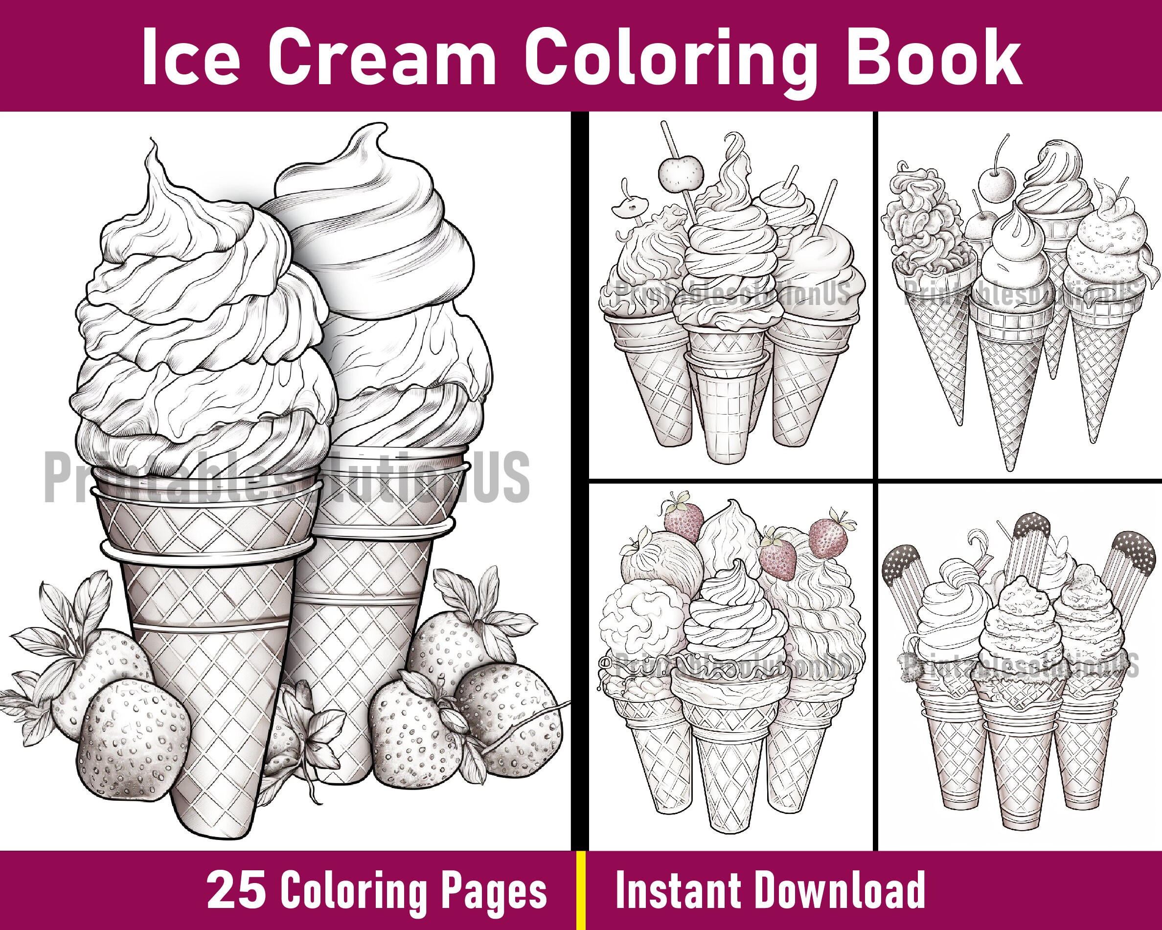 Ice Cream Coloring Book Printable Ice Cream Coloring Pages Grayscale ...