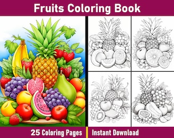 Fruits Coloring Book | Printable Summer Coloring Pages | Grayscale Summer Fruits Colouring Book | Printable PDF File | Instant Download