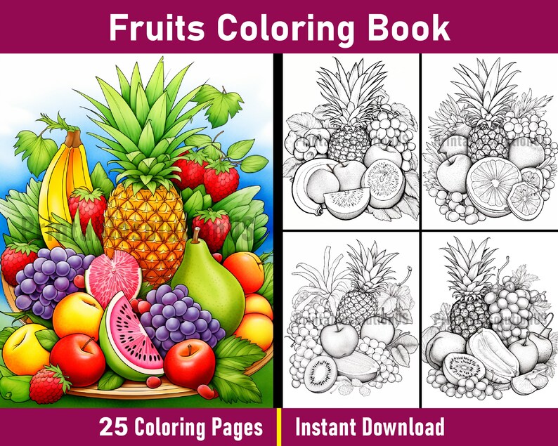 Pu&ograve; includere: Un libro da colorare con 25 pagine di illustrazioni di frutta. La copertina mostra una disposizione colorata di frutta, tra cui un ananas, un anguria, uva, mele, pere e banane. Il libro &egrave; intitolato "Fruits Coloring Book" e include il testo "25 Coloring Pages" e "Instant Download".
