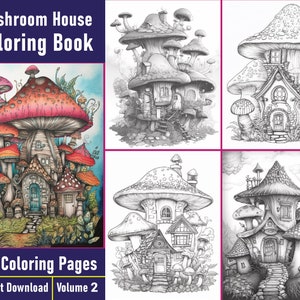 Mushroom House Coloring Pages Vol-2 | Fairy House Mushroom Coloring Book | Grayscale Coloring Book | Printable PDF File | Instant Download