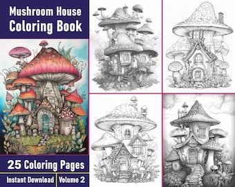 Mushroom House Grayscale Coloring Book | Fairy Houses (Printable PDF)