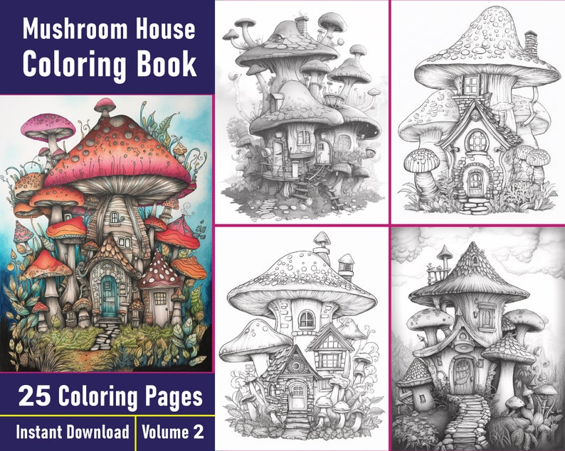 Mushroom House Grayscale Coloring Book | Fairy Houses (printable PDF ...