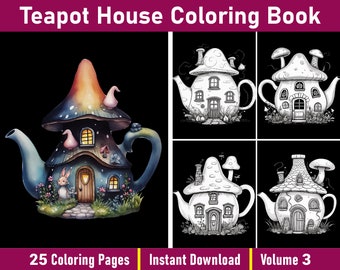 Teapot House Coloring Book | Black Background Grayscale (PDF File)