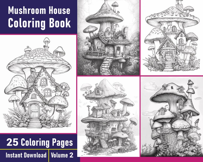 Mushroom House Grayscale Coloring Book | Fairy Houses (printable PDF ...