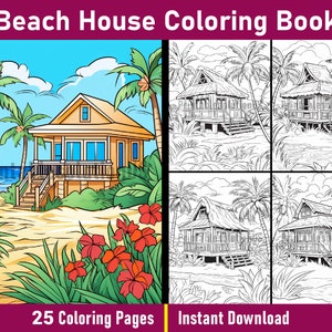 Beach House Coloring Book Pages | Printable Beach Cottage Coloring Pages | Black and White Colouring Book | Printable PDF | Instant Download