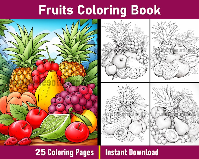 May include: A colouring book featuring a colourful illustration of a variety of fruits, including pineapples, peaches, apples, grapes, and a lime. The book includes 25 colouring pages and is available for instant download.
