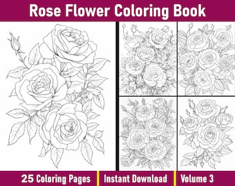 Libro para colorear de rosas / 25 páginas florales en escala de grises para adultos (archivo PDF)