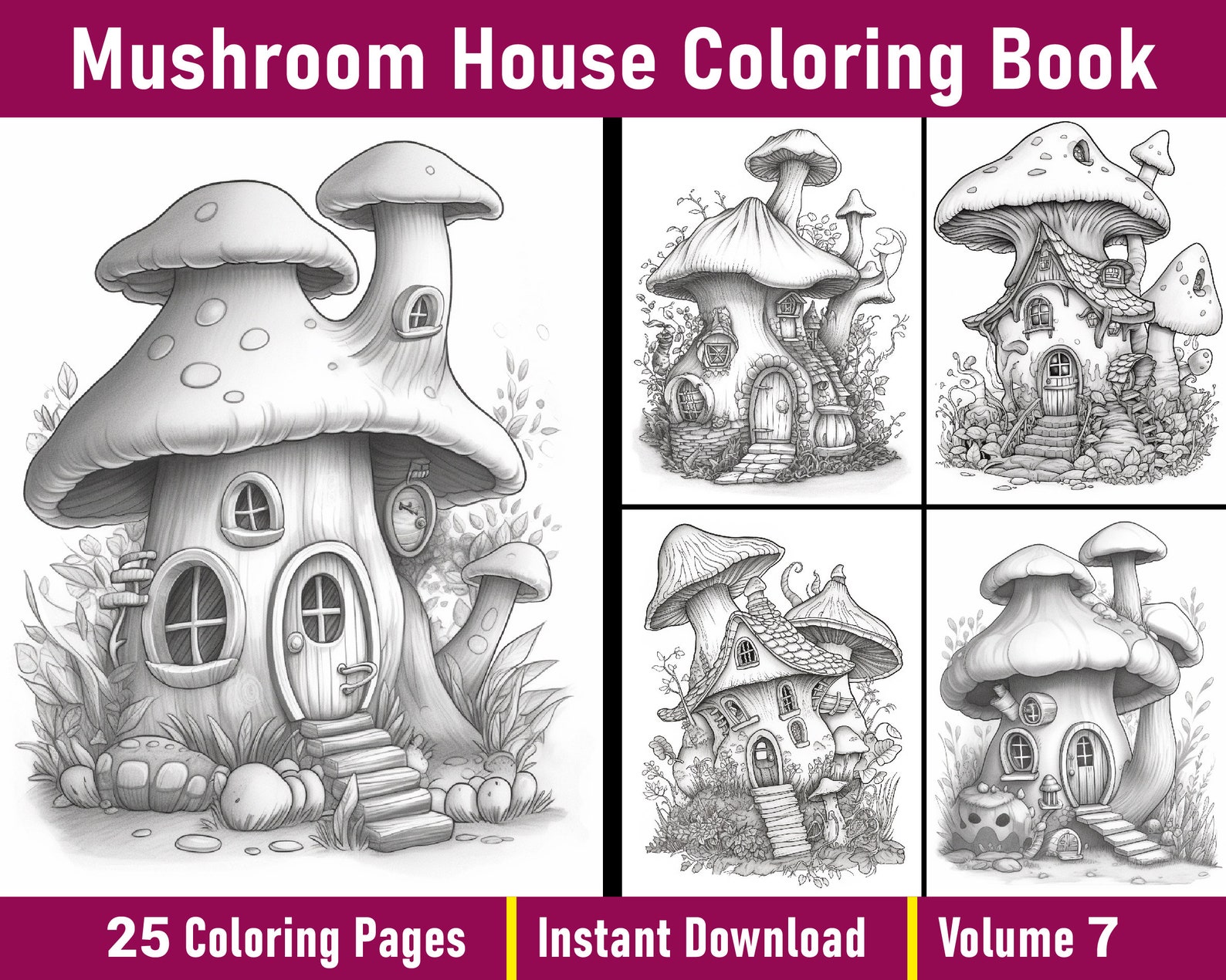Mushroom House Coloring Book | Grayscale Fairy Cottage (printable PDF ...