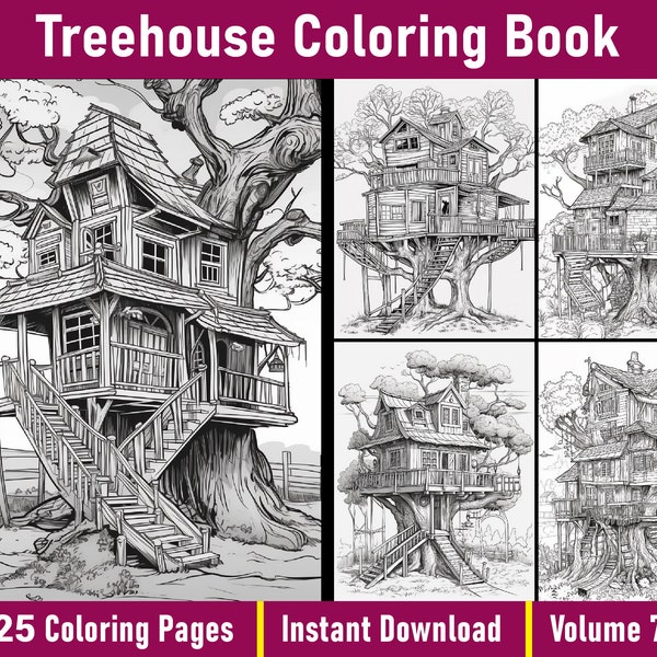 Treehouse Coloring Book Vol-7 | Enchanted Treehouse Coloring Pages | Grayscale Tree House Colouring Book | Printable PDF | Instant Download