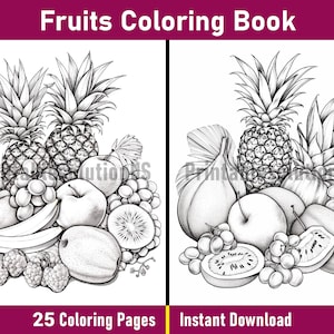 May include: A black and white colouring page featuring a still life of various fruits, including pineapples, apples, grapes, kiwi, and bananas. The image is perfect for colouring and features a realistic style.