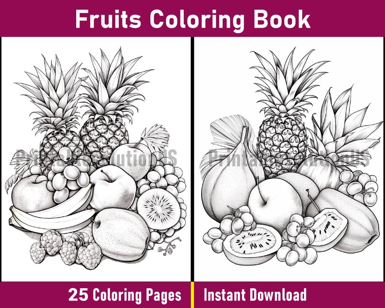 May include: A black and white colouring page featuring a still life of various fruits, including pineapples, apples, grapes, kiwi, and bananas. The image is perfect for colouring and features a realistic style.