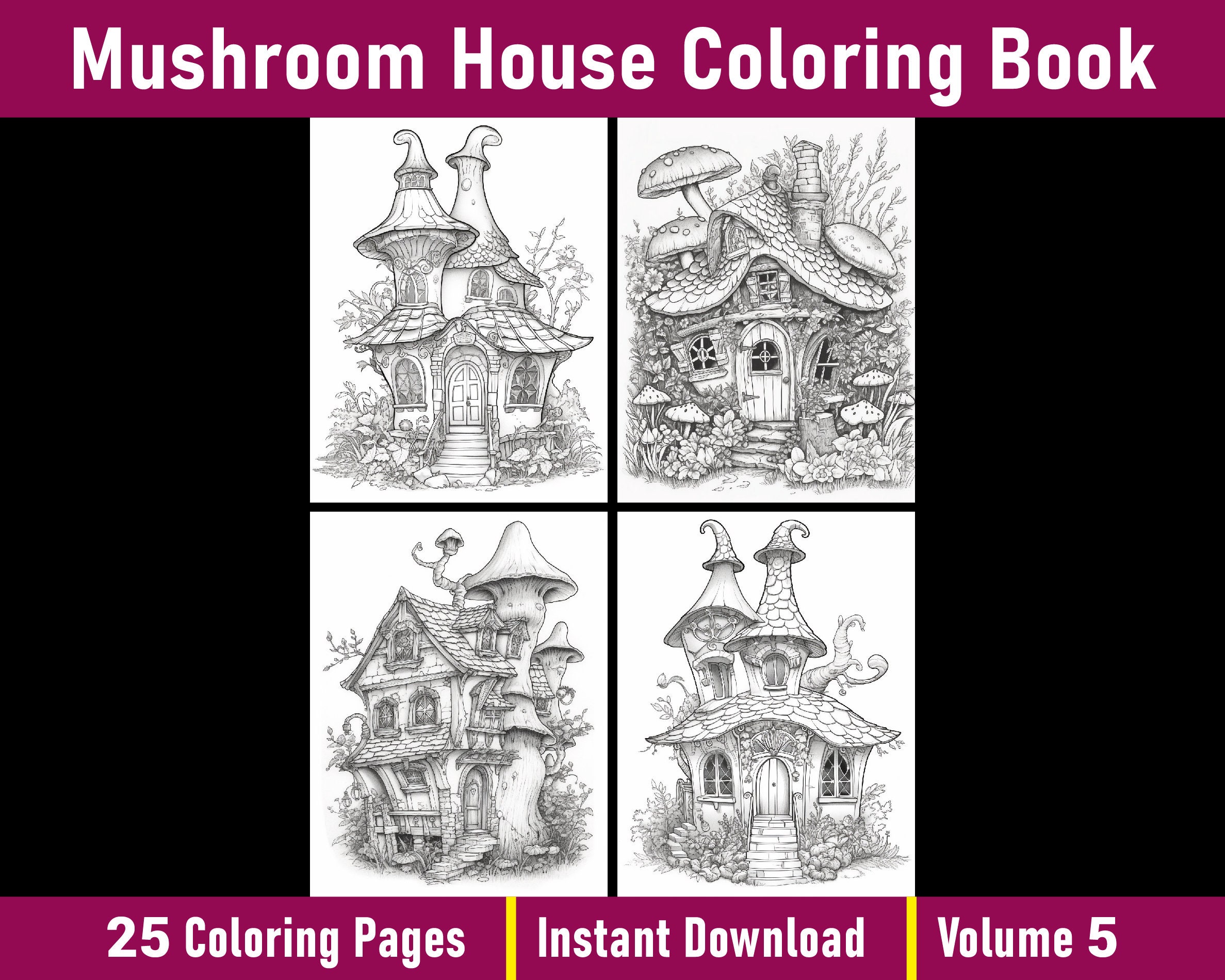 Mushroom House Coloring Book | Grayscale Fairy Tale Art (printable PDF ...