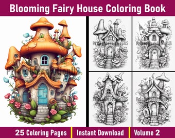 Fairy House Coloring Book | Blooming Grayscale Art (Printable PDF)