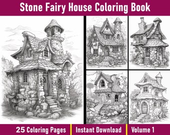 Stone Fairy House Coloring Book | Grayscale Illustrations (Instant Download)