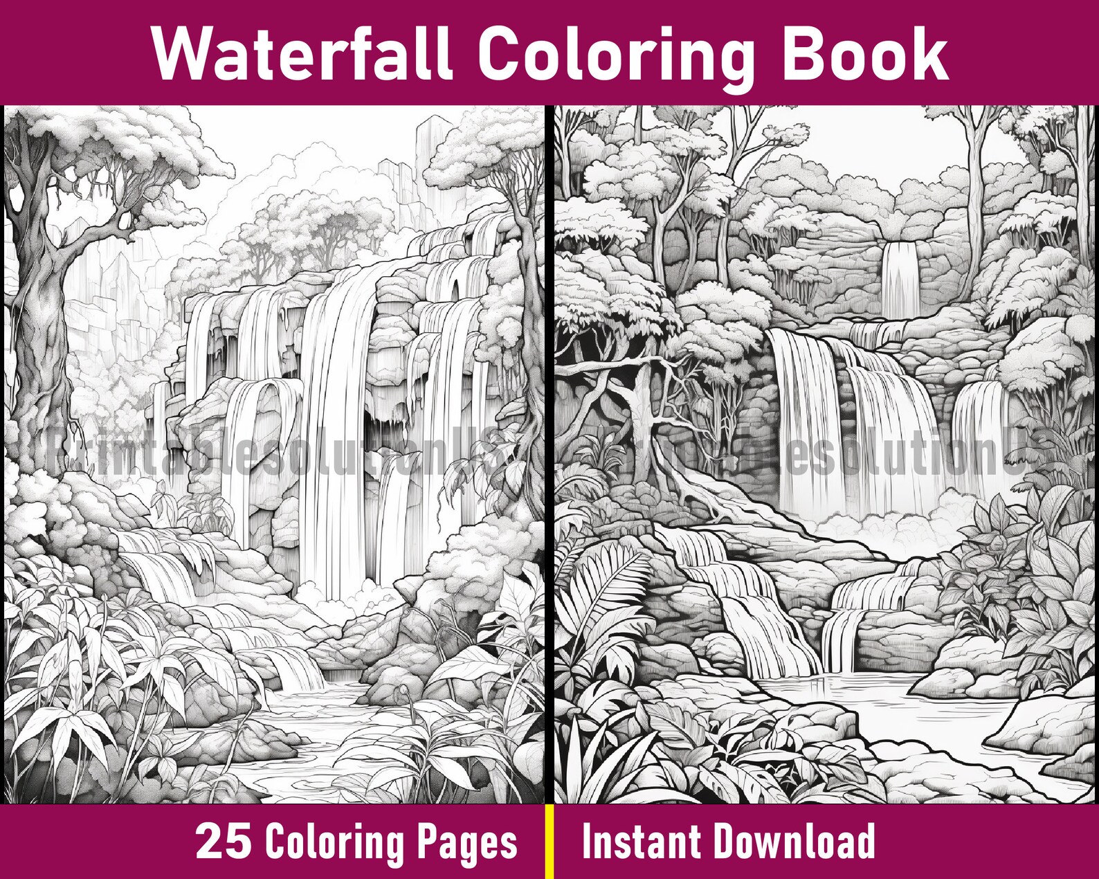 Waterfall Coloring Book V-4 Printable Nature Coloring Pages Black and ...