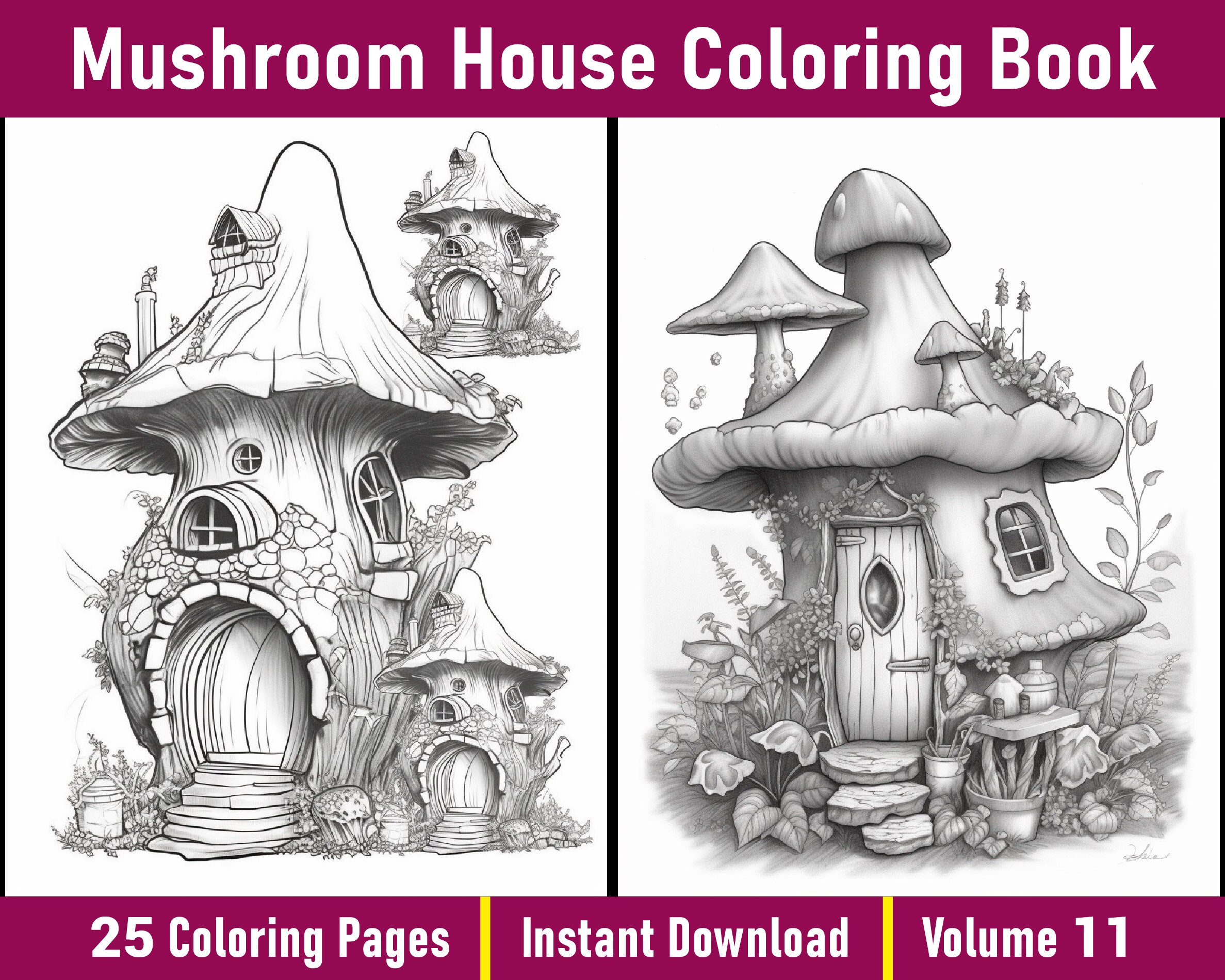 Mushroom House Coloring Book | Grayscale Fairy Homes (printable PDF) - Etsy