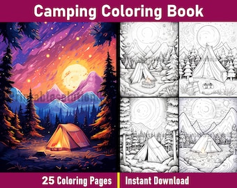 Camping Coloring Book | Printable Summer Coloring Pages | Grayscale Summer Camping Colouring Book | Printable PDF File | Instant Download