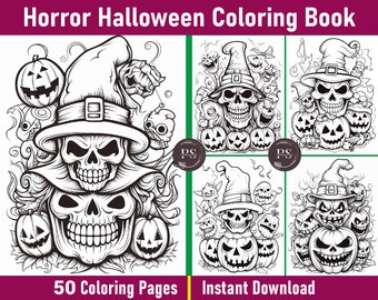 Horror Halloween Coloring Book | Grayscale, 50 Pages (Printable PDF)